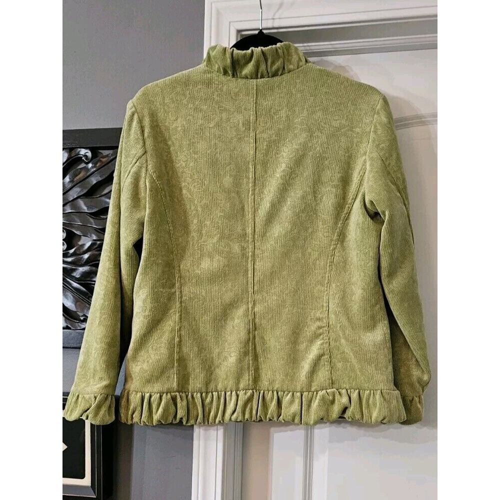 Chicos Womens Size M/8 Corduory Jacket Chartreuse Green Ruffle Neck Full Zip - Picture 2 of 8